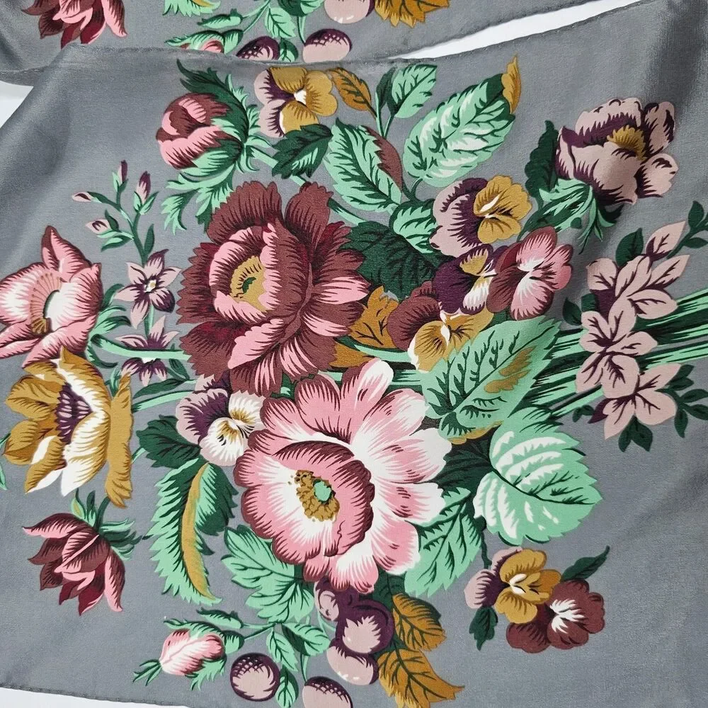 VTG Baar & Beards 100% Silk Scarf Gray Rose Floral Gold Scroll Japan Oblong